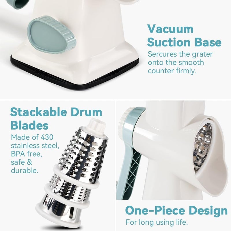 Maxceysen 3 in 1 Manual Vegetable Cutter Machine with Stainless Steel Changeable Blades Rotary Cheese Grater Kitchen Tool Potato Slicer Shredder Nuts Chocolate Chopper (White blue) - Image 5
